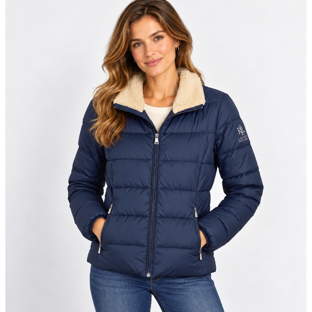 Lauren Ralph Lauren Navy Blue Puffer Jacket Faux Shearling Collar Women Small